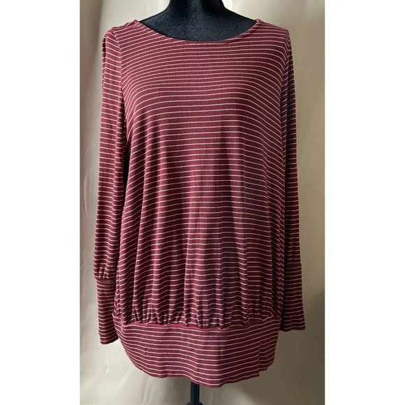 Lane Bryant Maroon White Striped‎ Long Sleeve Dolman Banded Hem Ribbed 14/16 - Picture 1 of 7